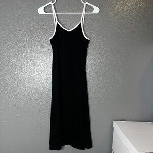 Women’s Black Ribbed Midi Slip Dress Size S White Trim Spaghetti Strap Casual Mi